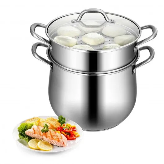 2-Tier Steamer Pot Saucepot Stainless Steel with Tempered Glass Lid