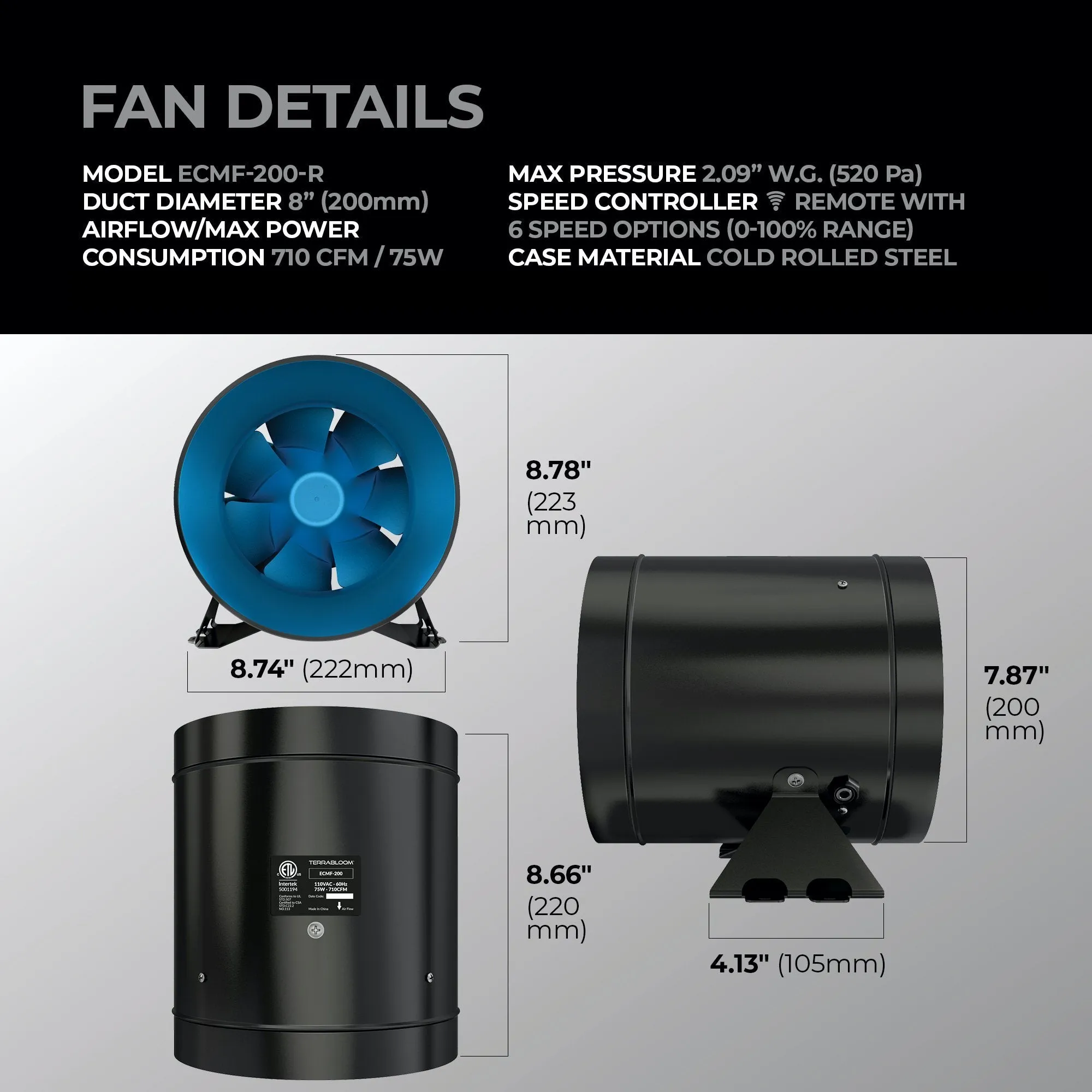 [2019 Model] TerraBloom 8" Inline Duct Fan, ECMF-200-R,  710 CFM, 75W