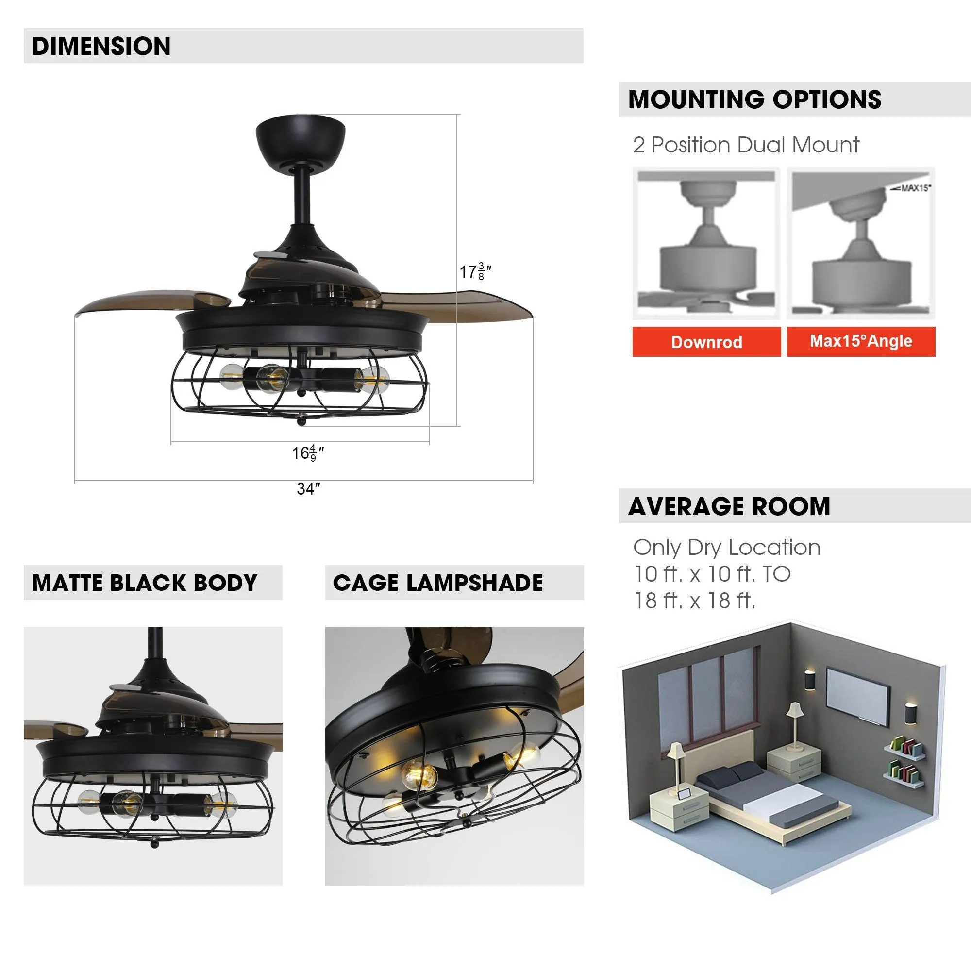 36" Benally Industrial Downrod Mount Ceiling Fan with Lighting and Remote Control