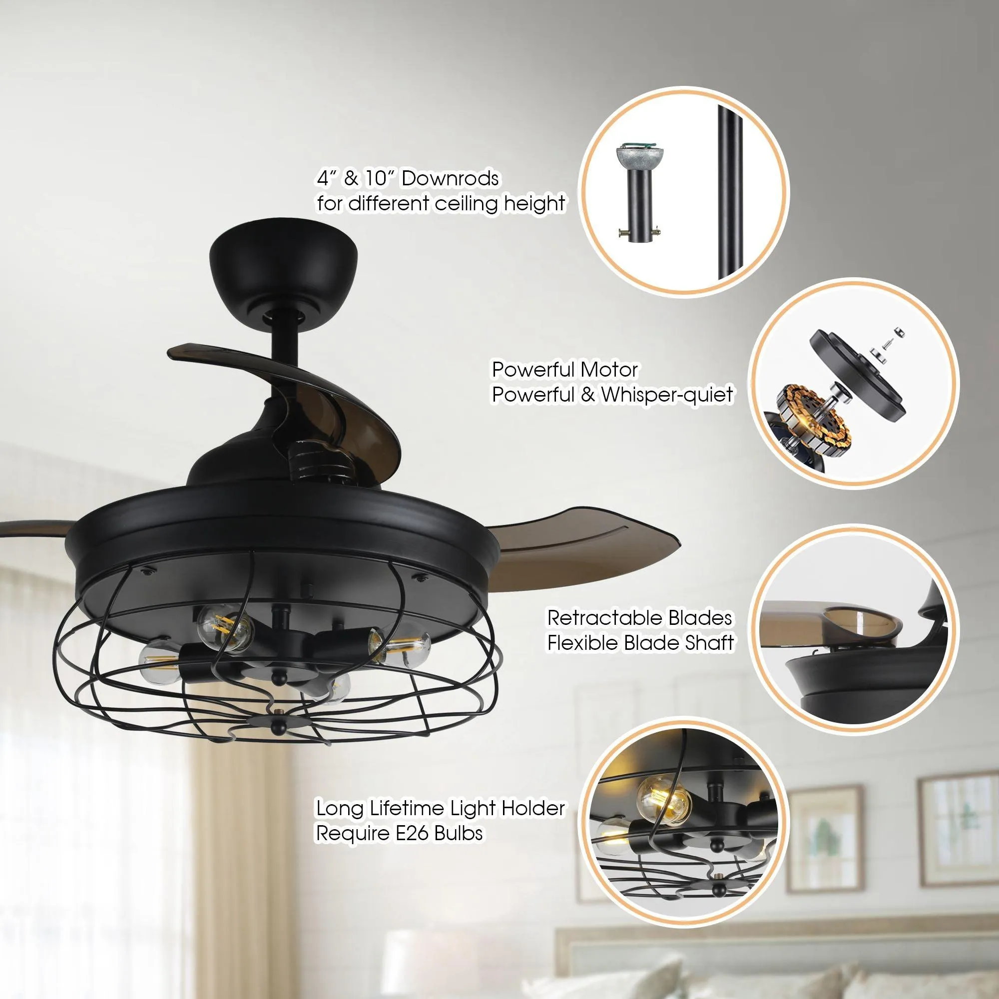 36" Benally Industrial Downrod Mount Ceiling Fan with Lighting and Remote Control