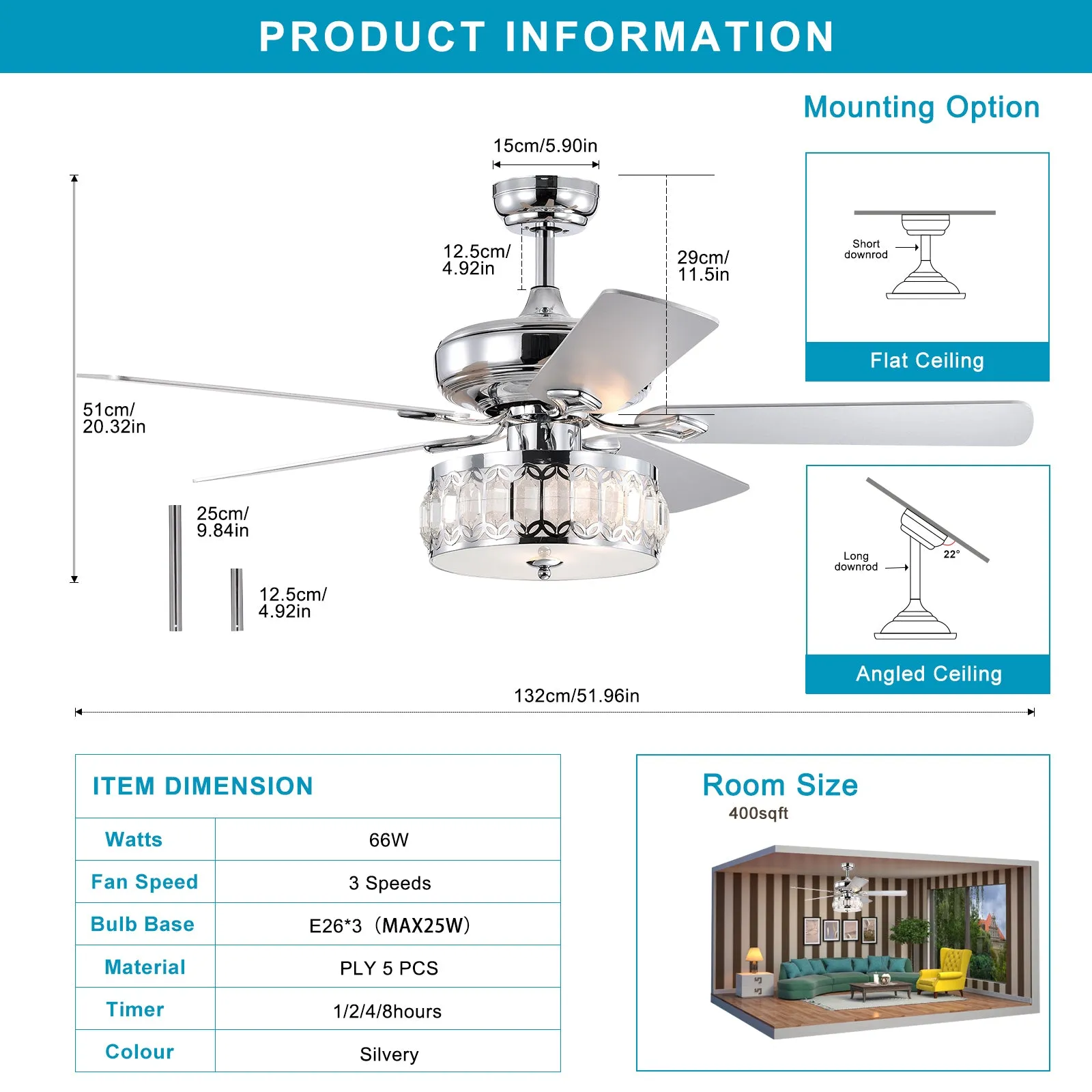 52" 3-Light Chrome Ceiling Fan   Remote, Traditional Farmhouse Rustic Industrial Bohemian Country Cottage Transitional Glam