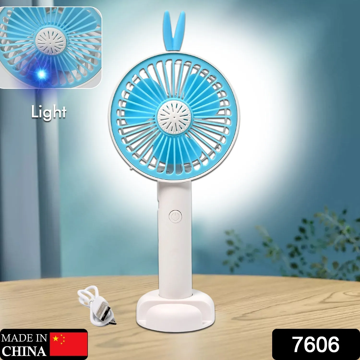 7606 Mini Portable Hand Fan USB Rechargeable Fan With Led Light Fan for Indoor and Outdoor Use by Women and Men Table Standing Stand Included (Battery Not Include)