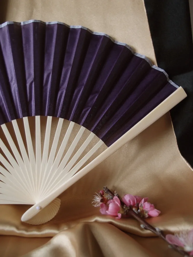 9" Dark Purple Silk Hand Fans for Weddings (10 Pack)