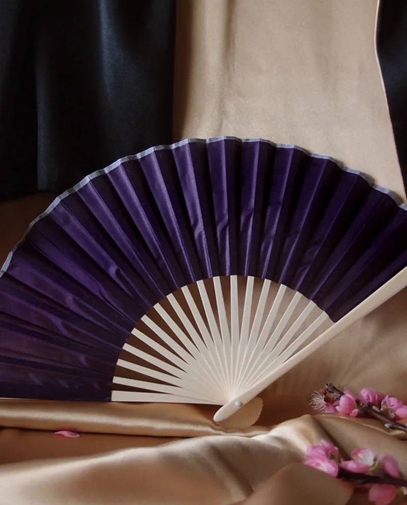 9" Dark Purple Silk Hand Fans for Weddings (10 Pack)