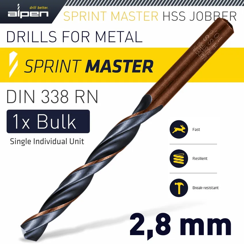 ALPEN HSS SPRINT MASTER 2.8MM BULK DIN 338 ALPEN DRILL BIT ALP6260028