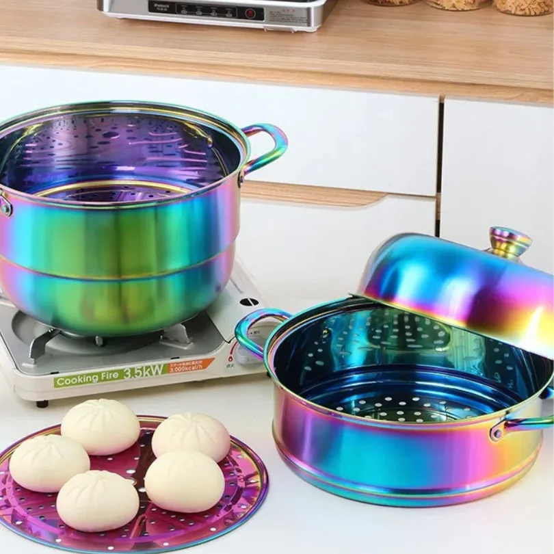 Anygleam Food Steamer Rainbow Three Layer Thick Stainless Steel Universal Cooking for Induction Cooker Gas Stove Steam Pot