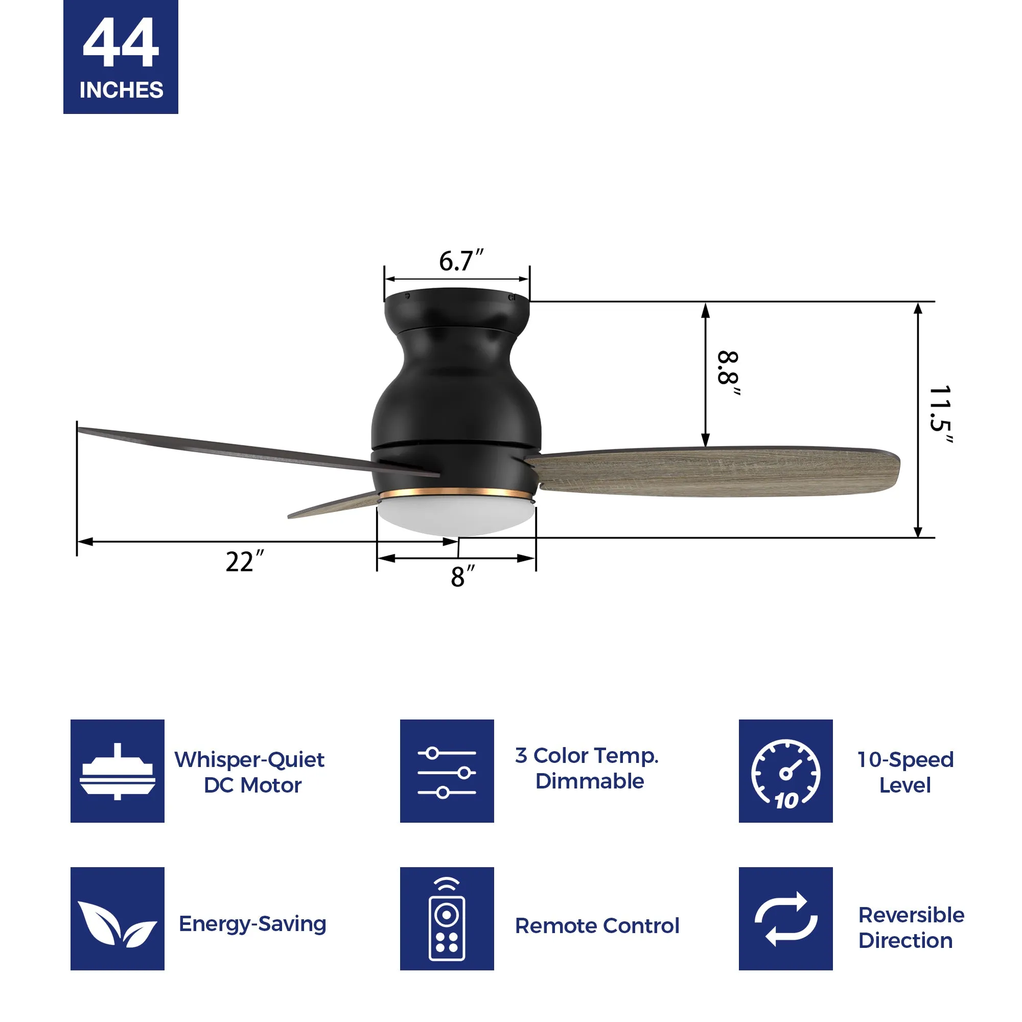 Arran Low Profile Ceiling Fan with LED Light and Remote 44 inch