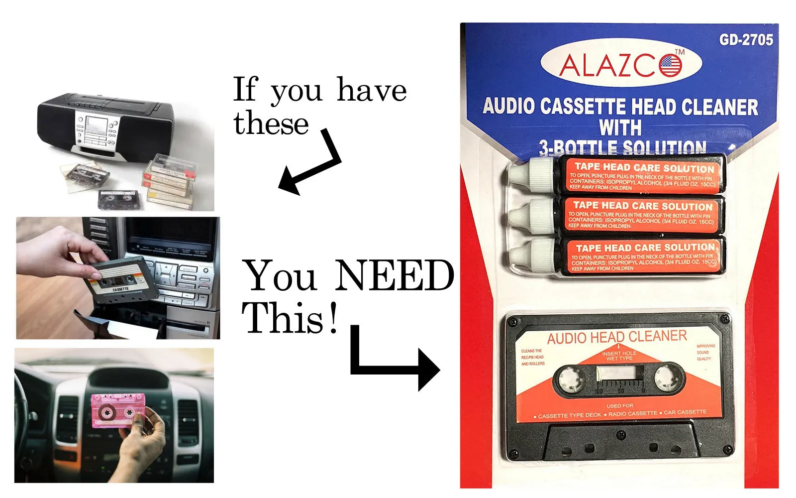 Audio Tape Cassette Head Cleaner w/ 3 Cleaning Fluids Care Wet Maintenance Kit by Alazco