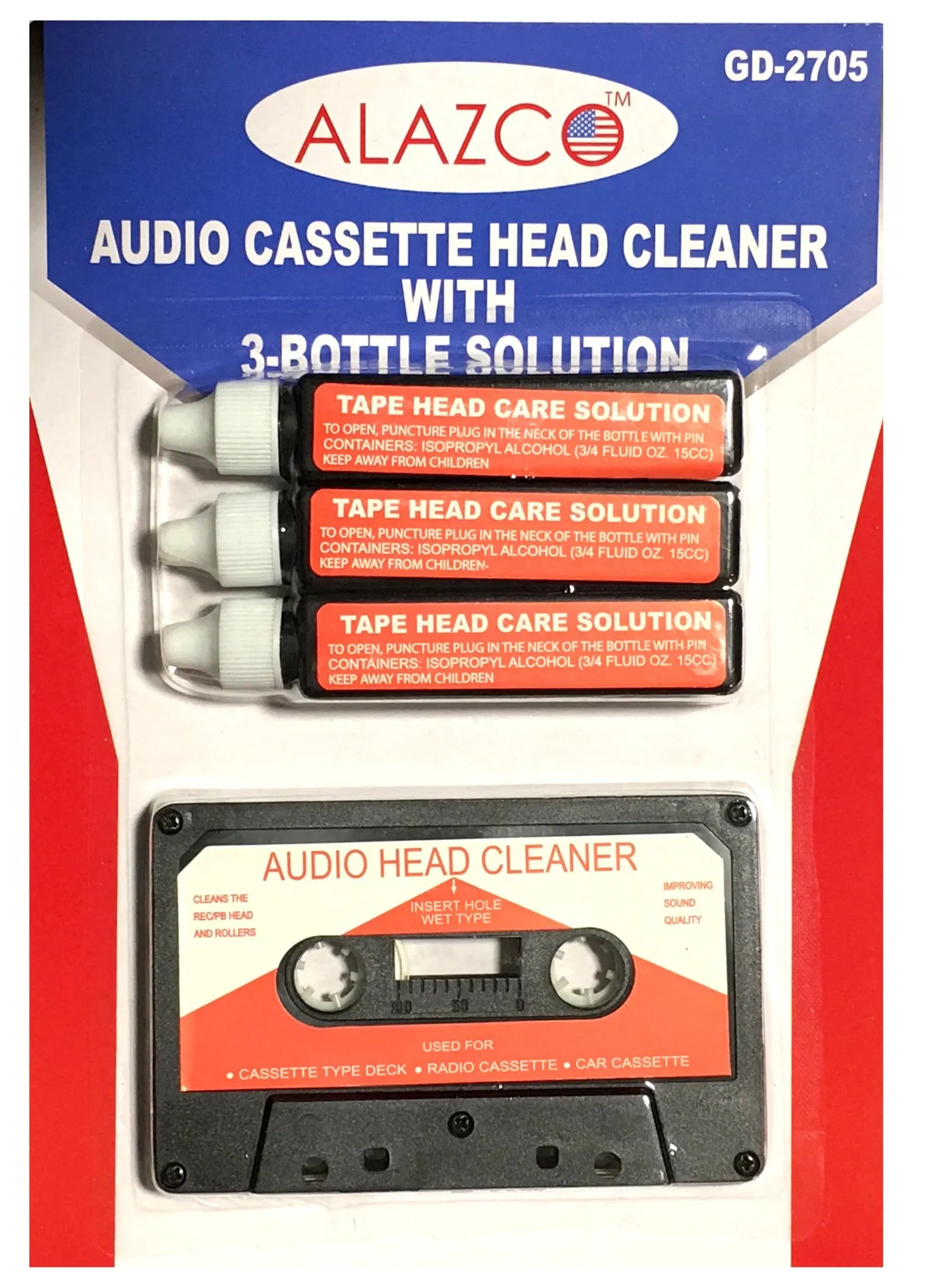 Audio Tape Cassette Head Cleaner w/ 3 Cleaning Fluids Care Wet Maintenance Kit by Alazco