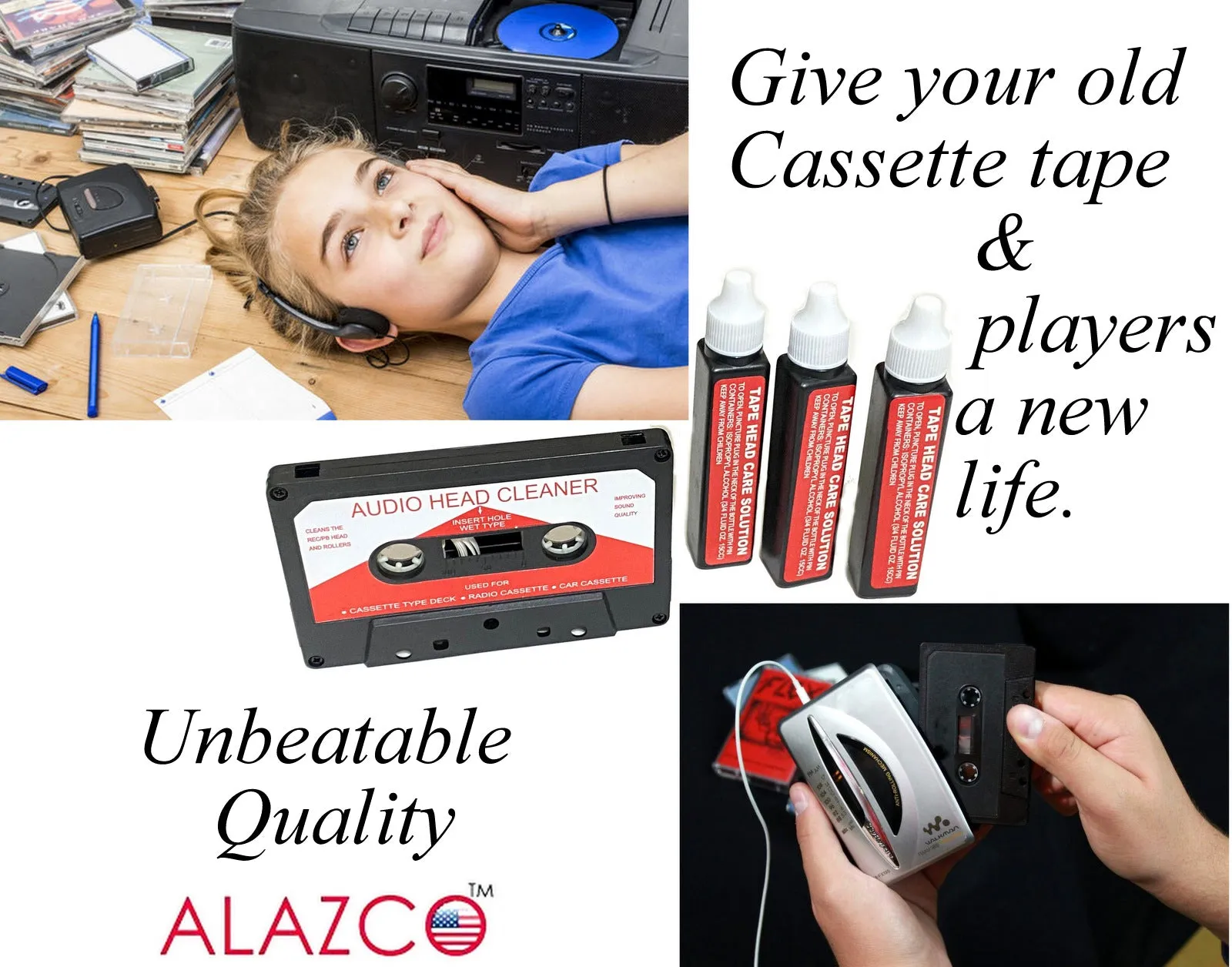 Audio Tape Cassette Head Cleaner w/ 3 Cleaning Fluids Care Wet Maintenance Kit by Alazco