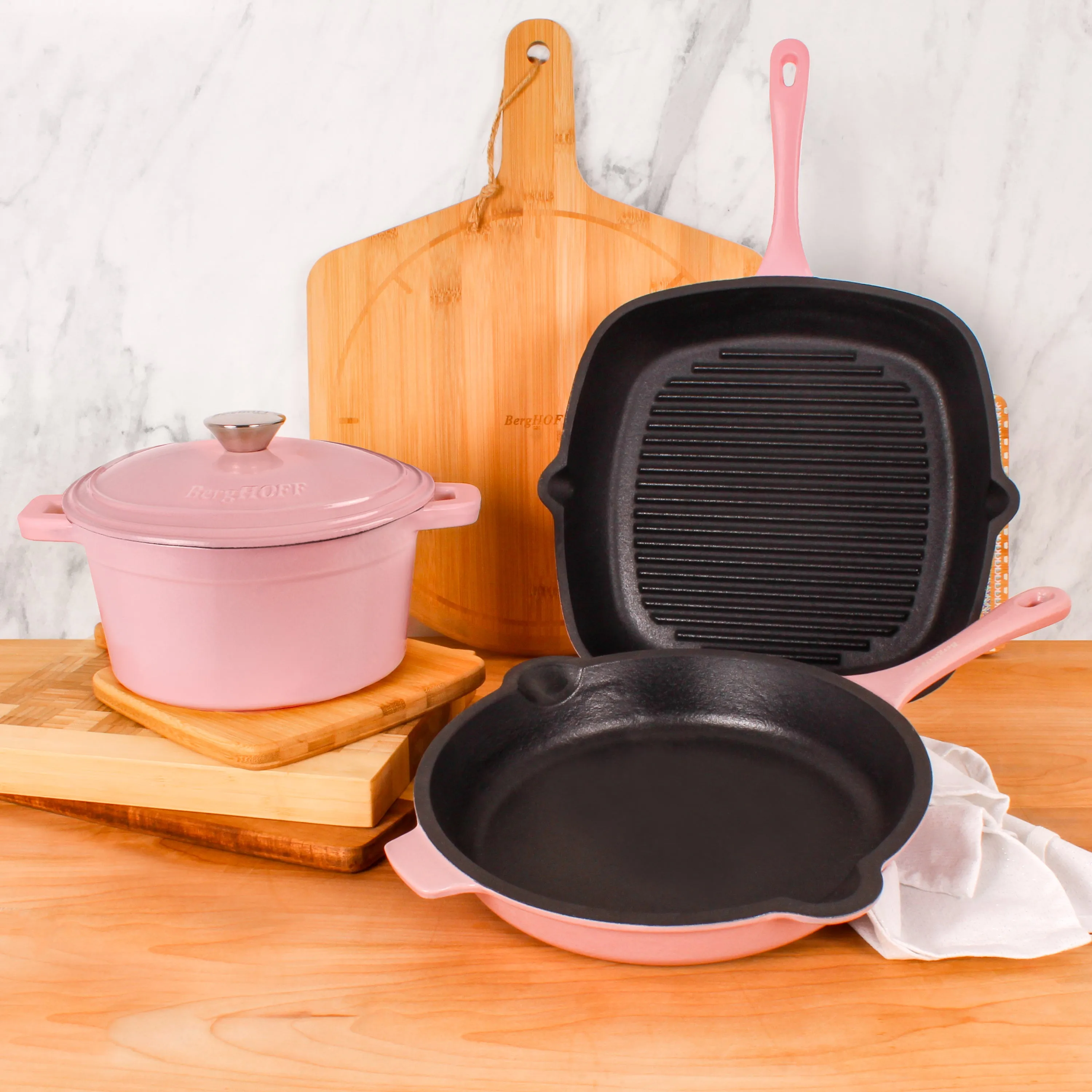 BergHOFF Neo 4pc Cast Iron Cookware Set, Fry Pan, Grill Pan & Round Dutch Oven, Pink