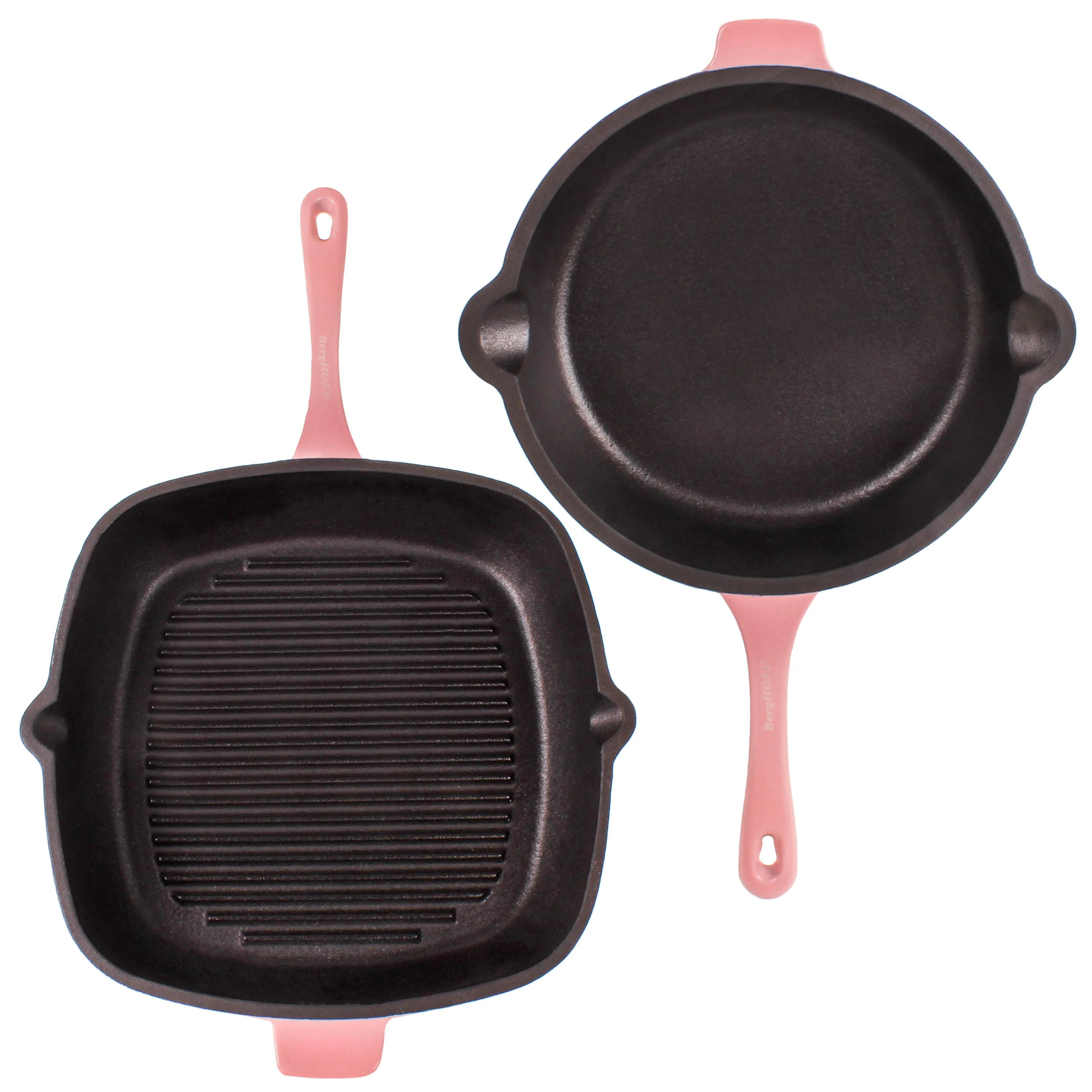 BergHOFF Neo 4pc Cast Iron Cookware Set, Fry Pan, Grill Pan & Round Dutch Oven, Pink