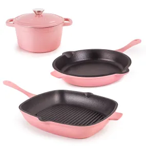 BergHOFF Neo 4pc Cast Iron Cookware Set, Fry Pan, Grill Pan & Round Dutch Oven, Pink