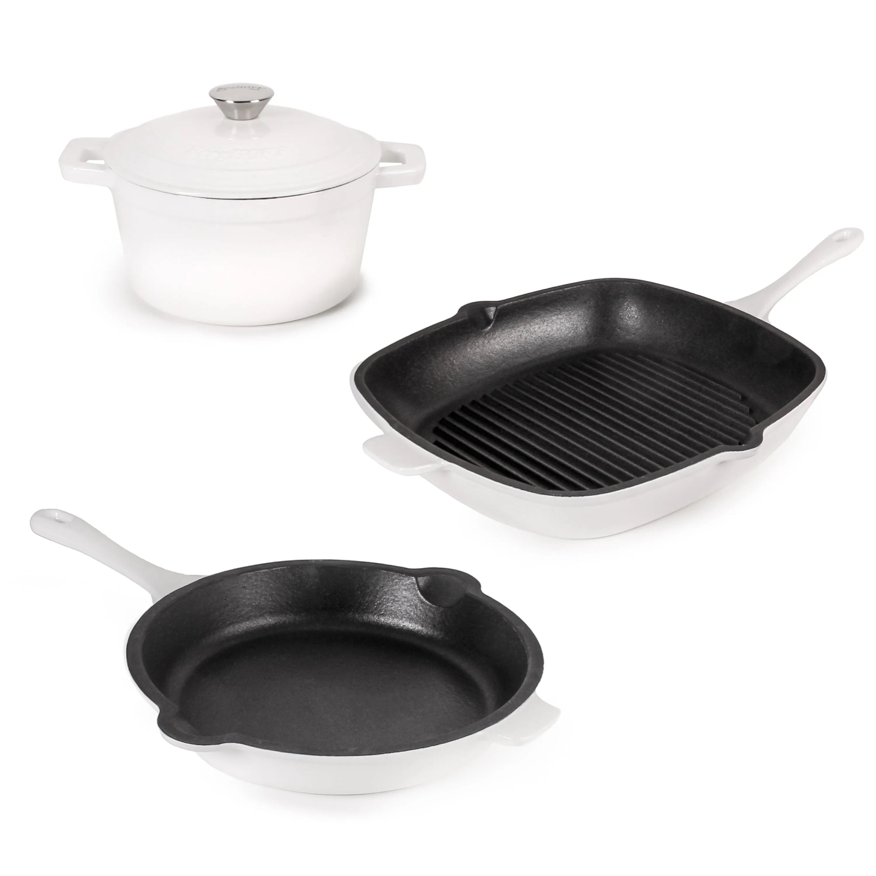 BergHOFF Neo 4pc Cast Iron Cookware Set, Fry Pan, Grill Pan & Round Dutch Oven, White