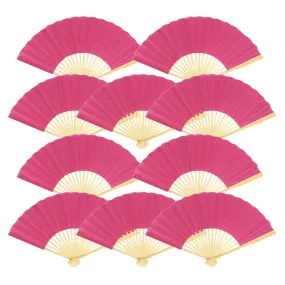 BLOWOUT 9" Fuchsia / Hot Pink Silk Hand Fans for Weddings (10 Pack)