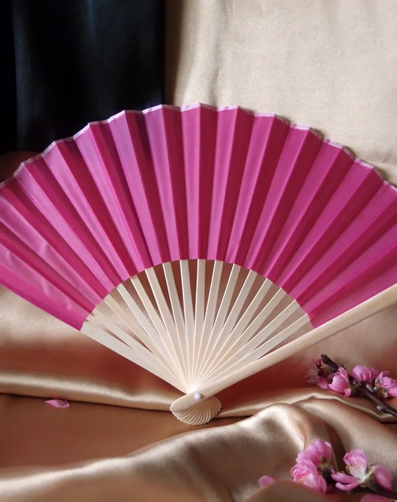 BLOWOUT 9" Fuchsia / Hot Pink Silk Hand Fans for Weddings (10 Pack)