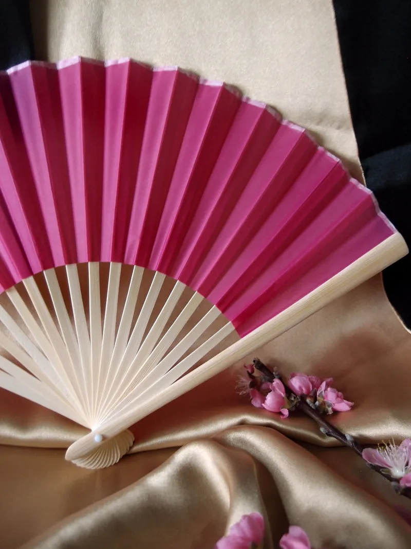 BLOWOUT 9" Fuchsia / Hot Pink Silk Hand Fans for Weddings (10 Pack)