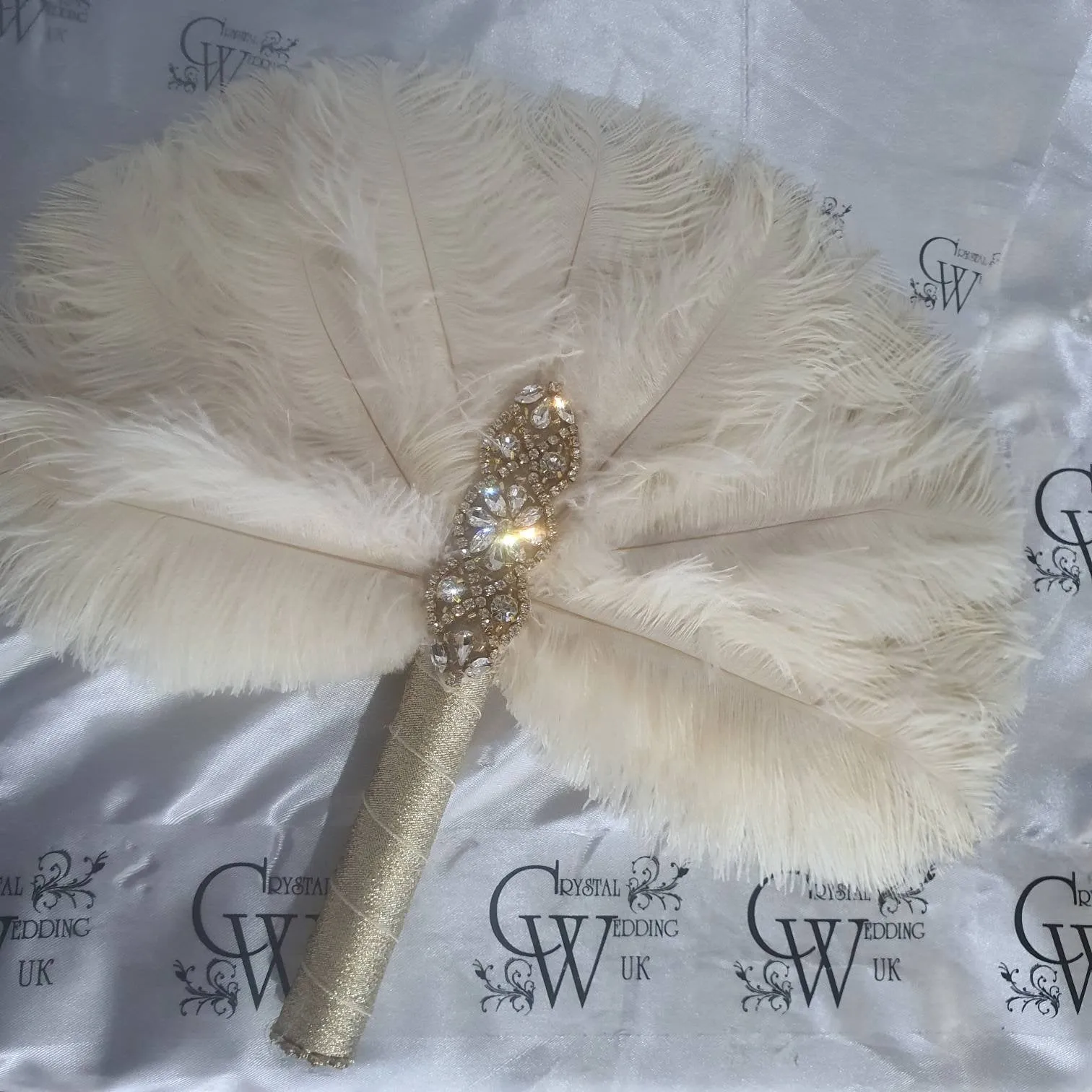 Brides lvory Feather 12in Fan, personalised brooch bouquet,  Alternative  Bouquet artificial by Crystal wedding uk