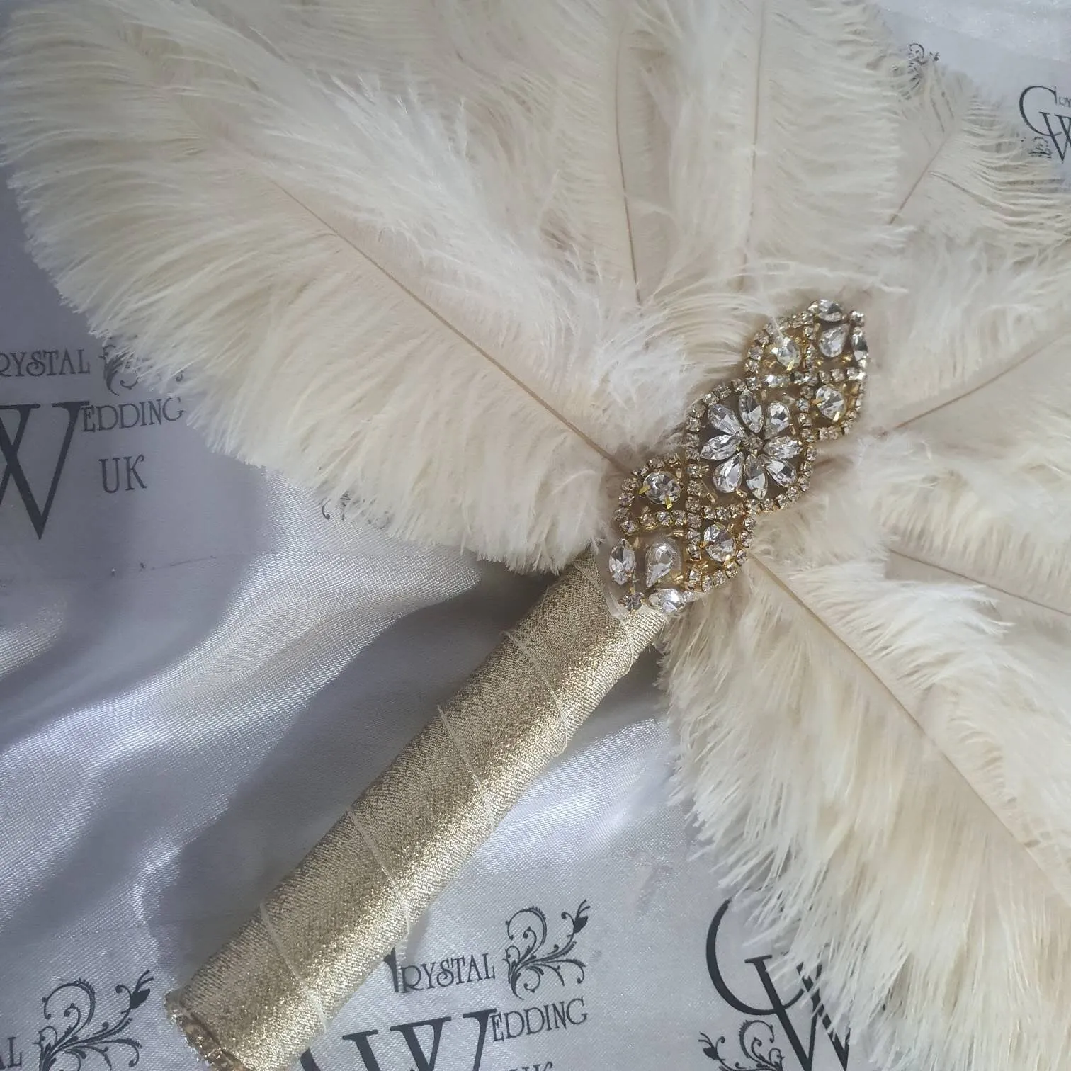 Brides lvory Feather 12in Fan, personalised brooch bouquet,  Alternative  Bouquet artificial by Crystal wedding uk