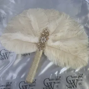 Brides lvory Feather 12in Fan, personalised brooch bouquet,  Alternative  Bouquet artificial by Crystal wedding uk