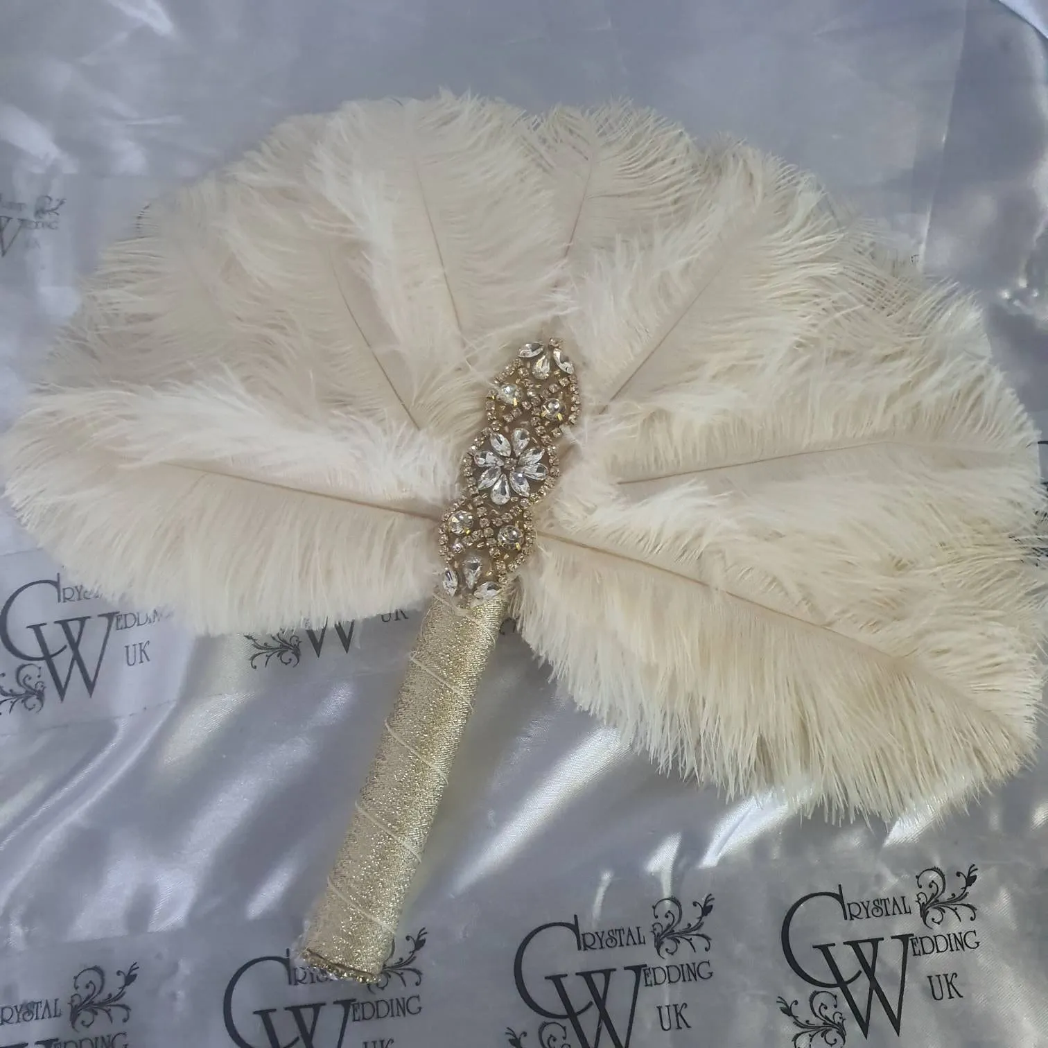 Brides lvory Feather 12in Fan, personalised brooch bouquet,  Alternative  Bouquet artificial by Crystal wedding uk