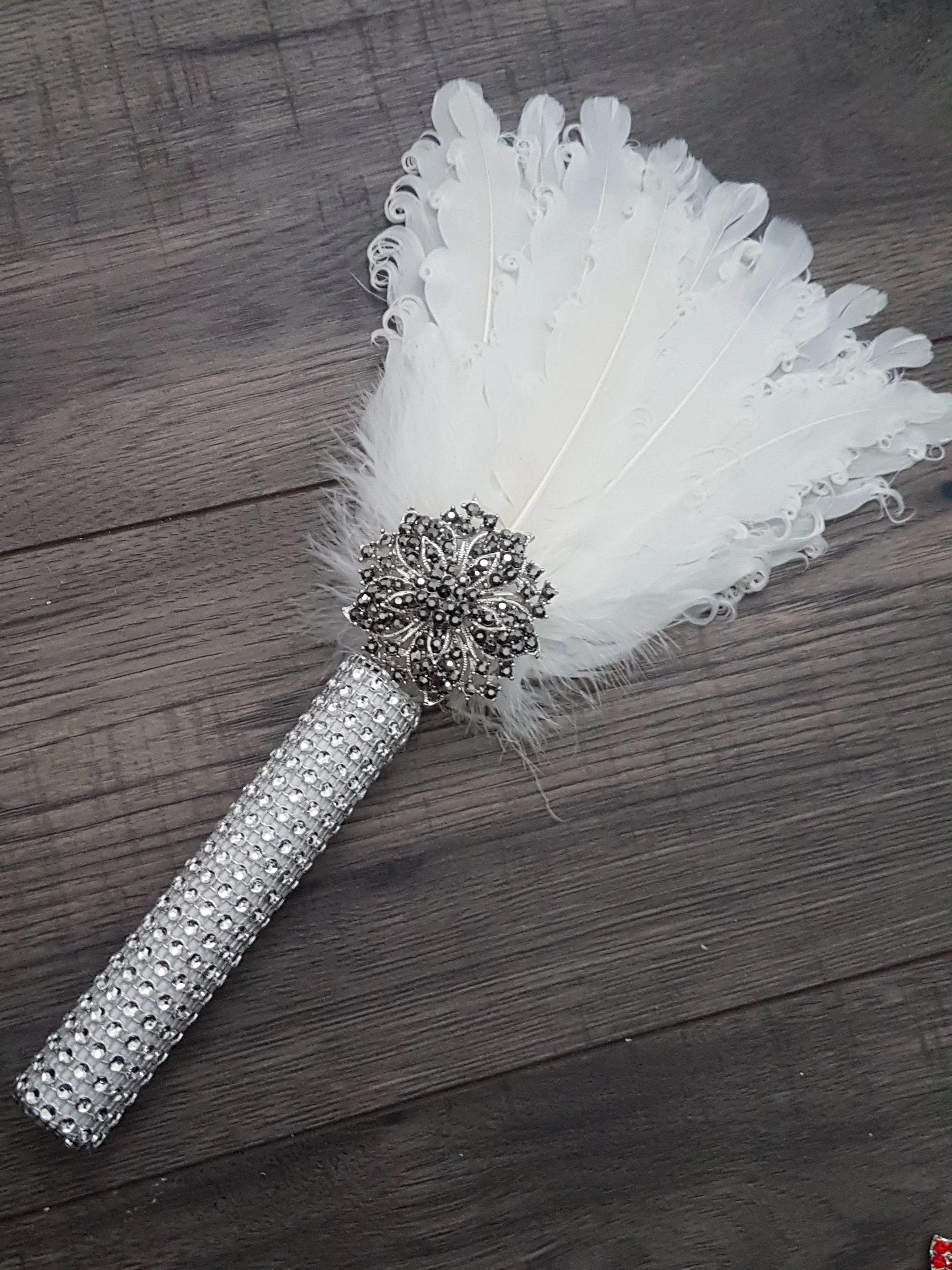 Bridesmaid Feather Fan bouquet,  Great Gatsby 1920's wedding - red,  graphite