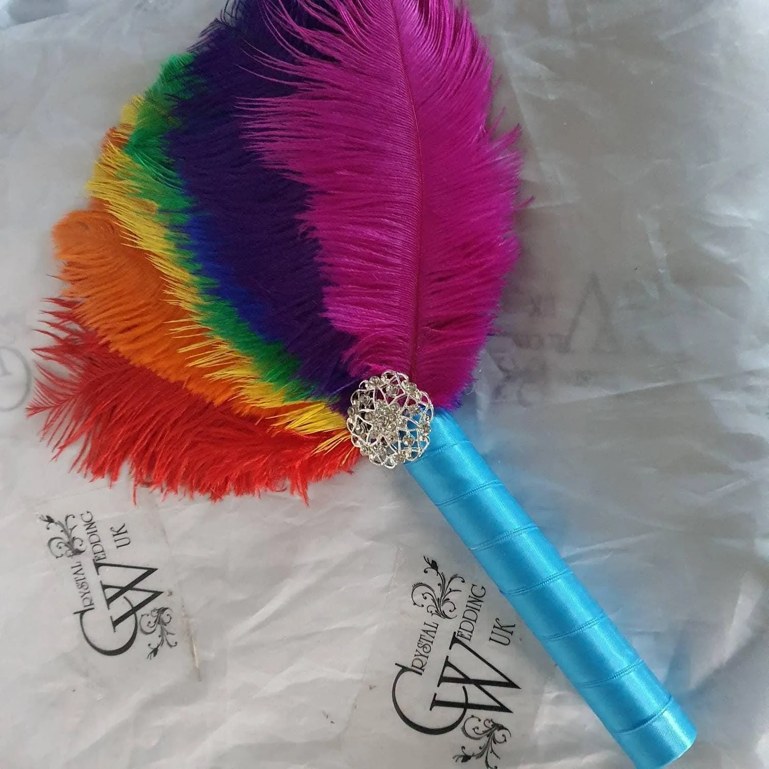 Bridesmaids Feather 10" Fan, Rainbow, multi brooch bouquet, Alternative Bouquet artificial by Crystal wedding uk