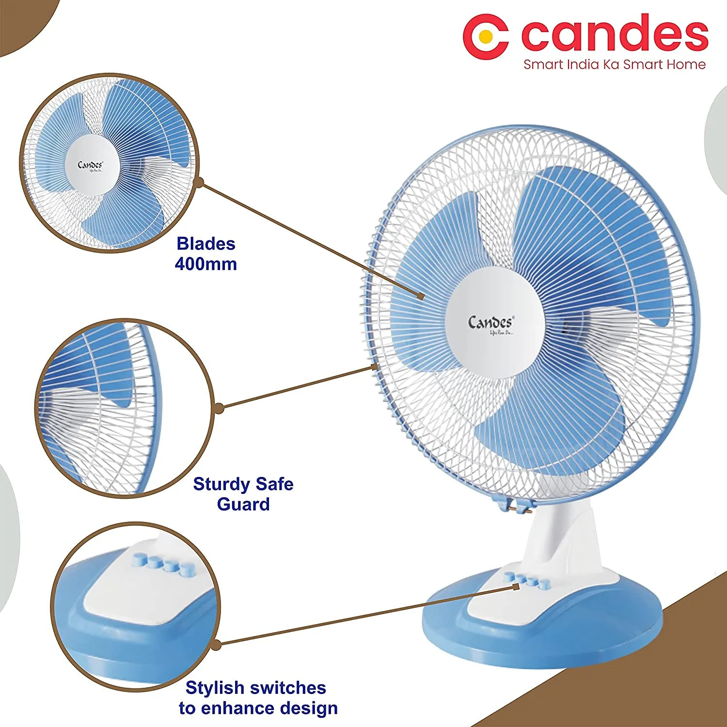 Candes Desker Table Fan for Cooling with Automatic Oscillation (400 MM) 80W (Blue)