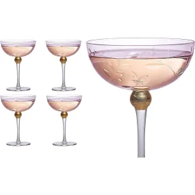 Colored Coupe Art Deco Glasses, Gold | Set of 4 | 8 oz Classic Cocktail Glassware for Champagne, Martini, Manhattan, Sidecar, Crystal Speakeasy Style Goblets Stems (Pink) by The Wine Savant