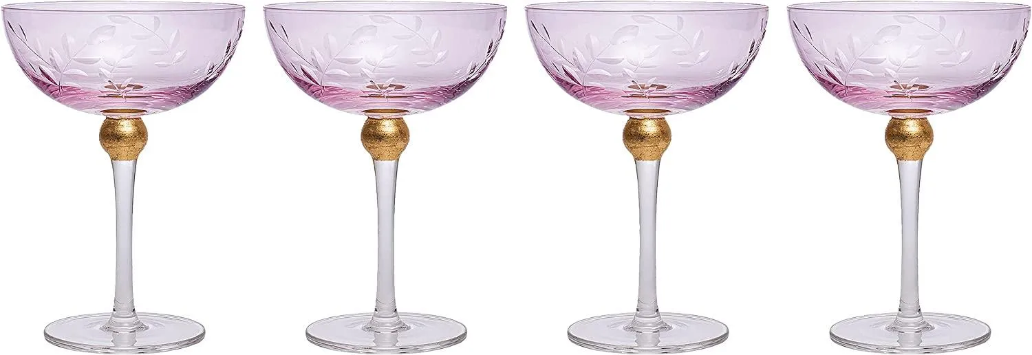 Colored Coupe Art Deco Glasses, Gold | Set of 4 | 8 oz Classic Cocktail Glassware for Champagne, Martini, Manhattan, Sidecar, Crystal Speakeasy Style Goblets Stems (Pink) by The Wine Savant