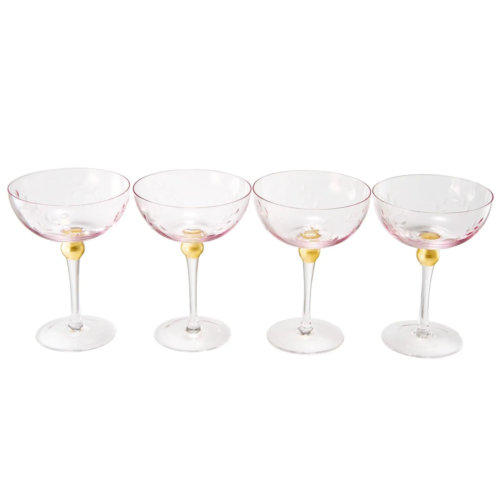 Colored Coupe Art Deco Glasses, Gold | Set of 4 | 8 oz Classic Cocktail Glassware for Champagne, Martini, Manhattan, Sidecar, Crystal Speakeasy Style Goblets Stems (Pink) by The Wine Savant