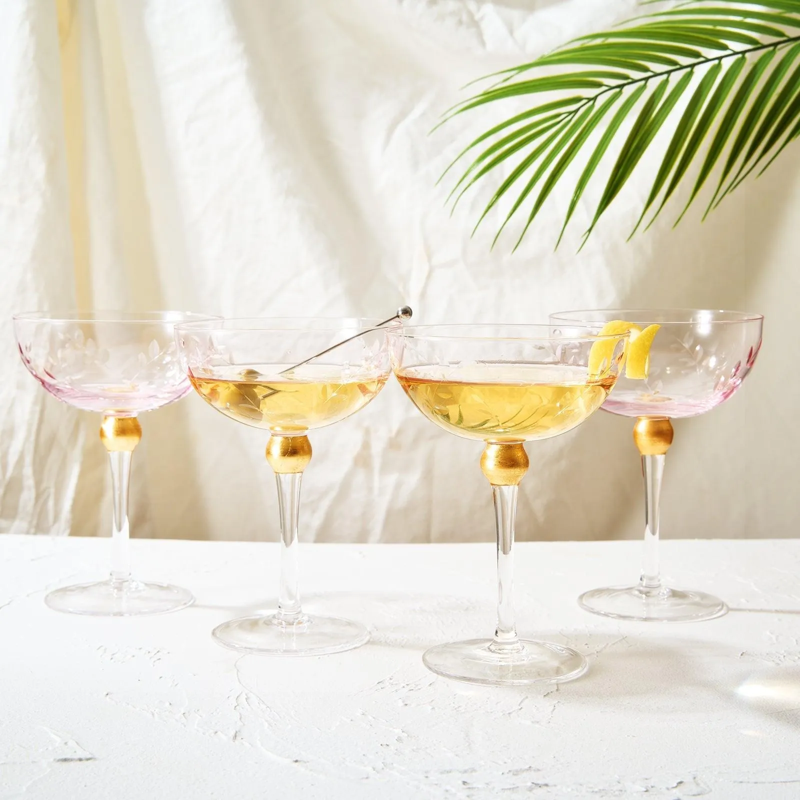 Colored Coupe Art Deco Glasses, Gold | Set of 4 | 8 oz Classic Cocktail Glassware for Champagne, Martini, Manhattan, Sidecar, Crystal Speakeasy Style Goblets Stems (Pink) by The Wine Savant