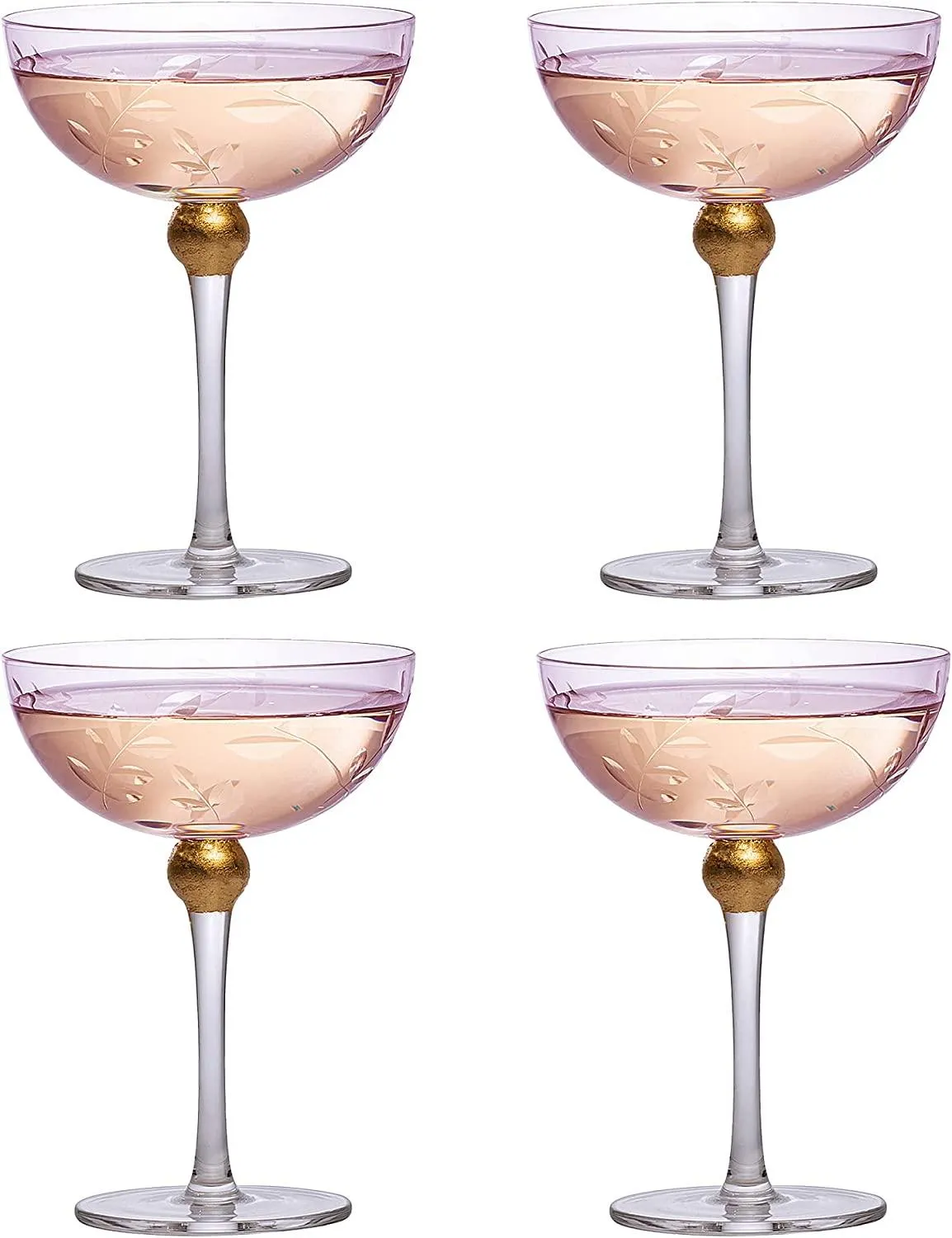 Colored Coupe Art Deco Glasses, Gold | Set of 4 | 8 oz Classic Cocktail Glassware for Champagne, Martini, Manhattan, Sidecar, Crystal Speakeasy Style Goblets Stems (Pink) by The Wine Savant