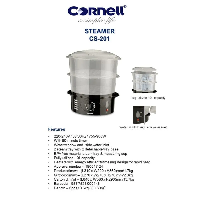 Cornell 2 Tier Daily Food Steamer 10L Capacity CS201