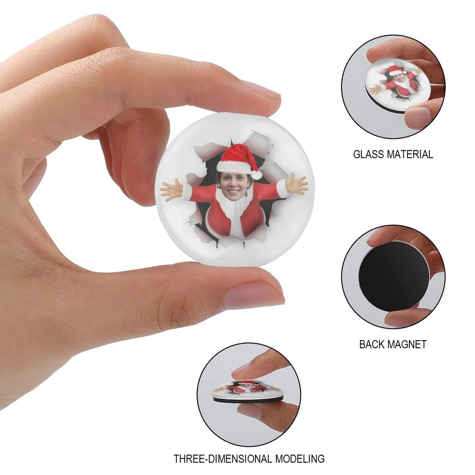 Custom Face Christmas Red Hat Refrigerator Magnetic and Glass Sticker Round Shape Waterproof Personalized Fridge Magnets Beautiful Decorative Home Kitchen Magnet