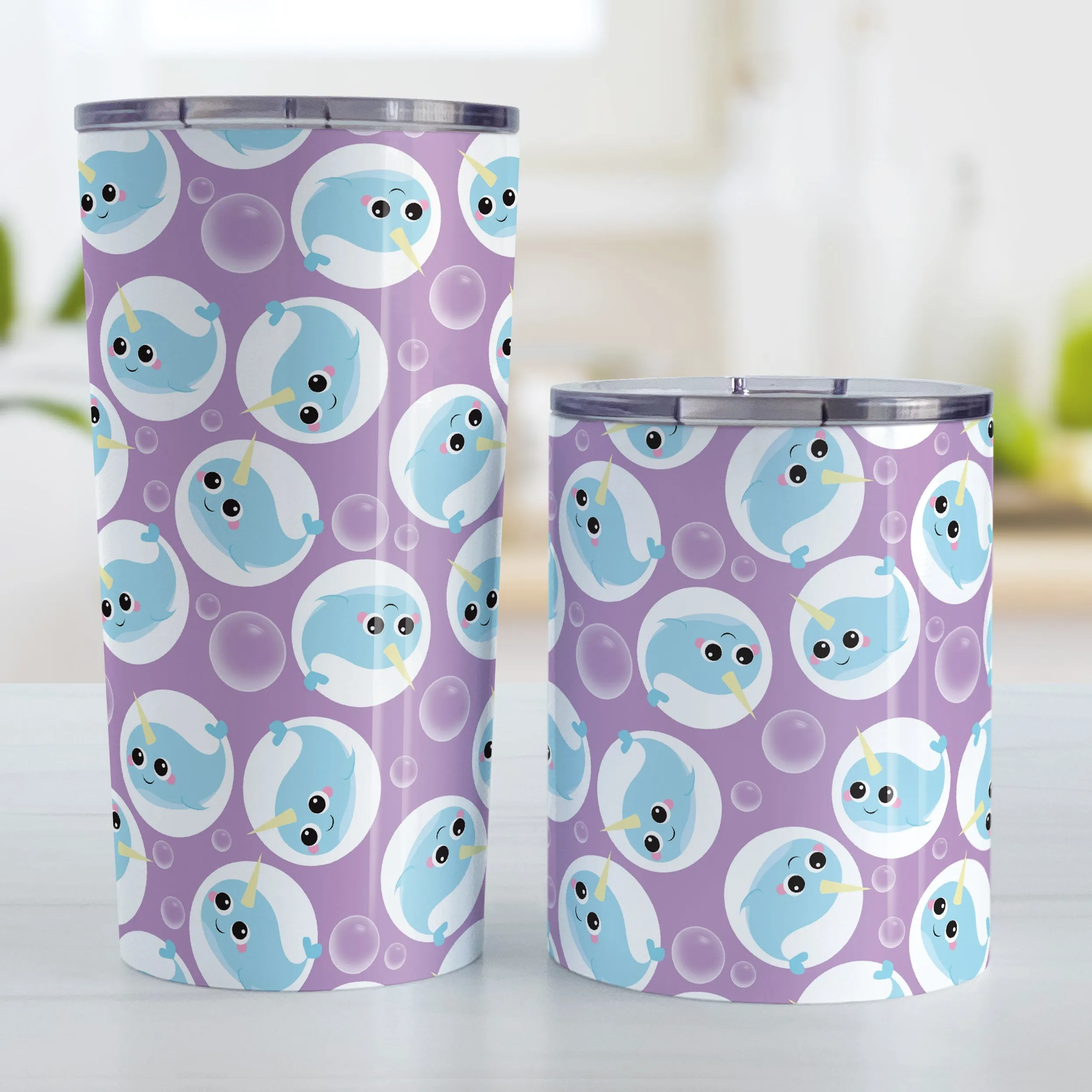 Cute Purple Narwhal Bubble Pattern Tumbler Cup