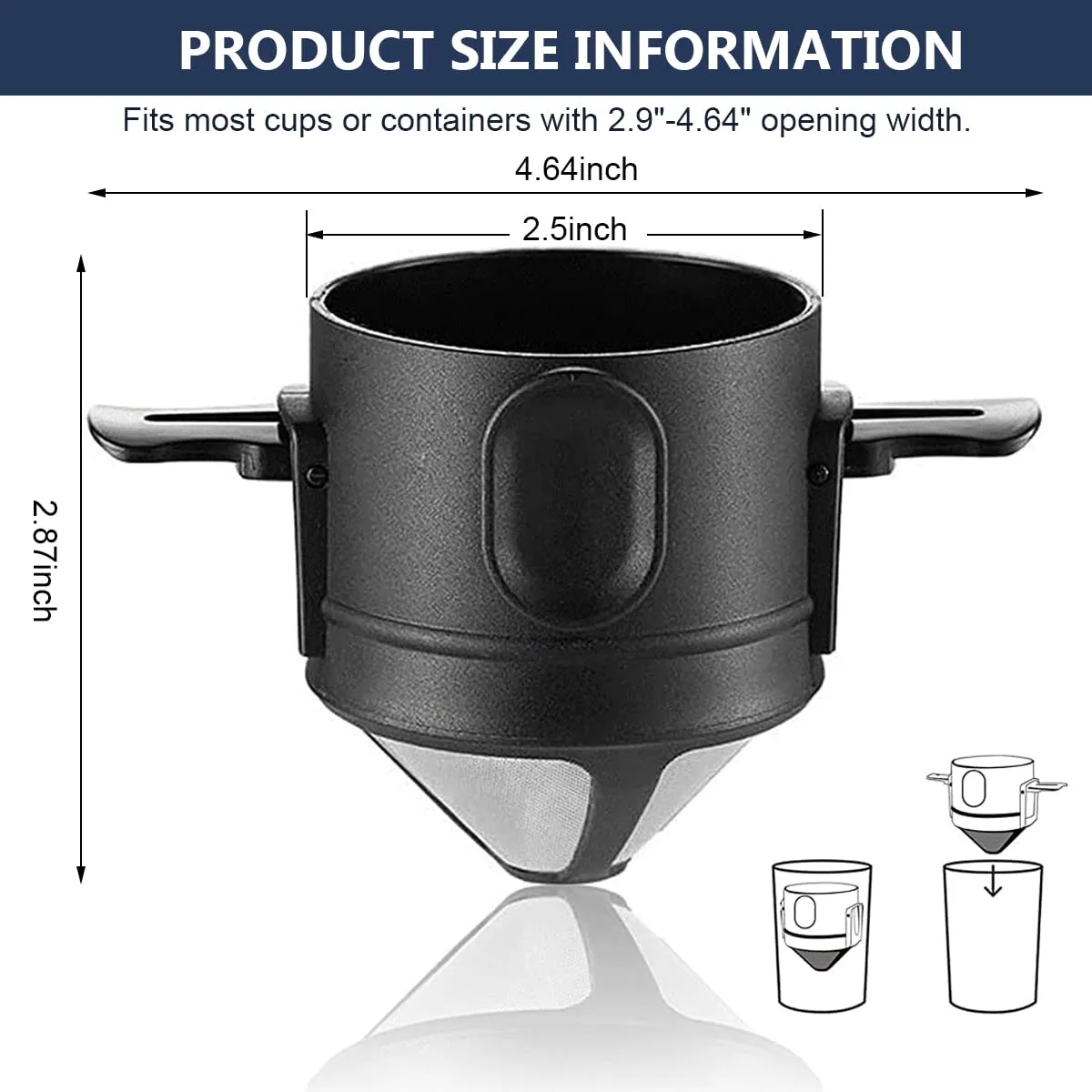 Filter Coffee Maker with Bottom Cup Double Mesh Pour Over Coffee Filter Food Grade Stainless Steel & Plastic Coffee Dripper 100% Paperless Foldable to Fit Most Cup Keep Coffee Flavour Easy Use & Clean