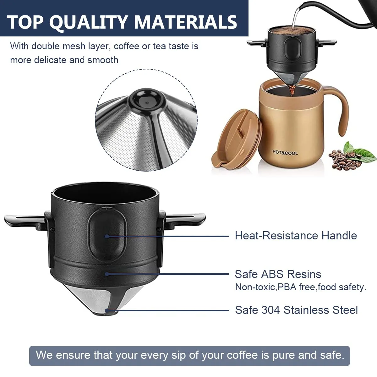 Filter Coffee Maker with Bottom Cup Double Mesh Pour Over Coffee Filter Food Grade Stainless Steel & Plastic Coffee Dripper 100% Paperless Foldable to Fit Most Cup Keep Coffee Flavour Easy Use & Clean