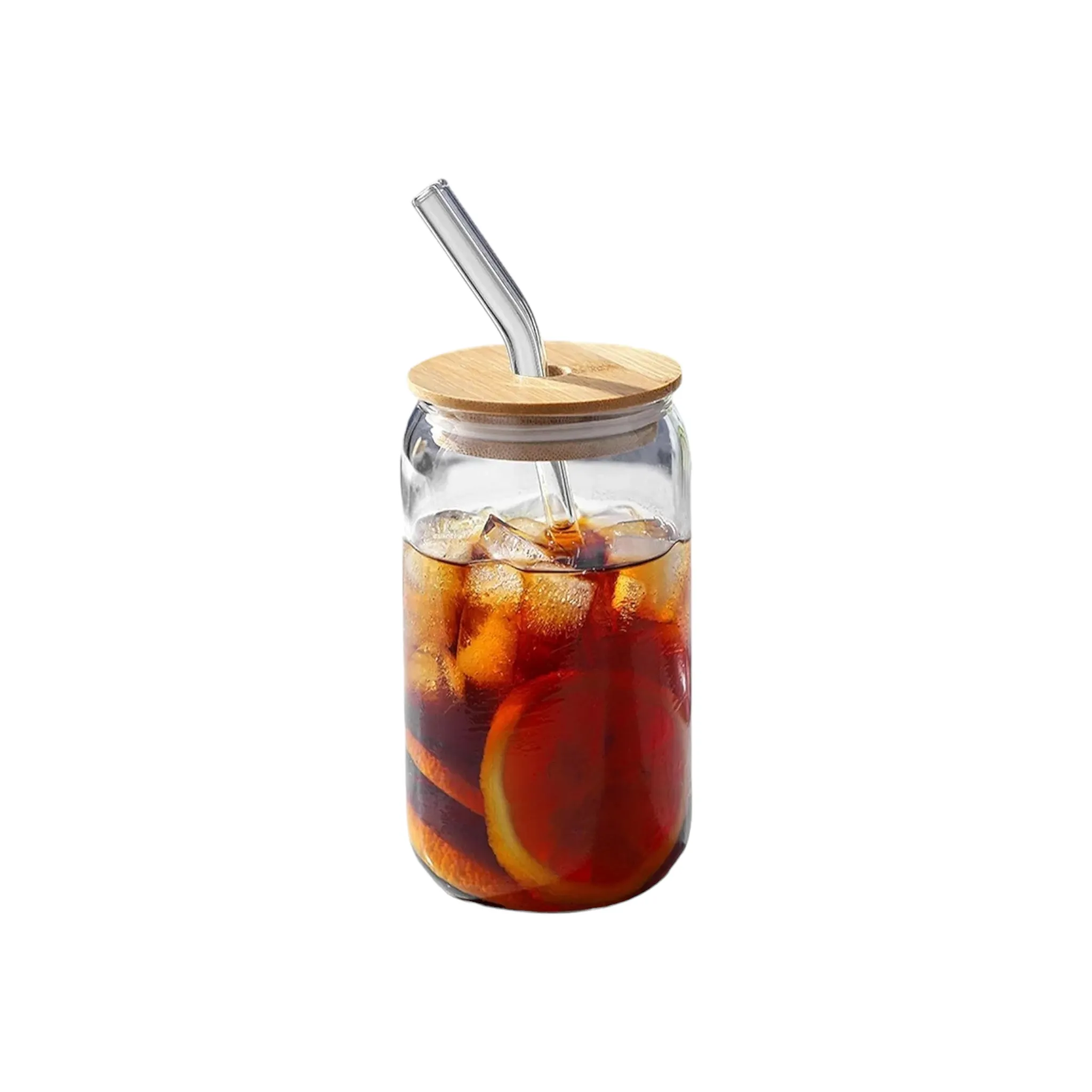 Glass Drinking Can Tumbler 420ml with Bamboo Lid & Curve Glass Straw