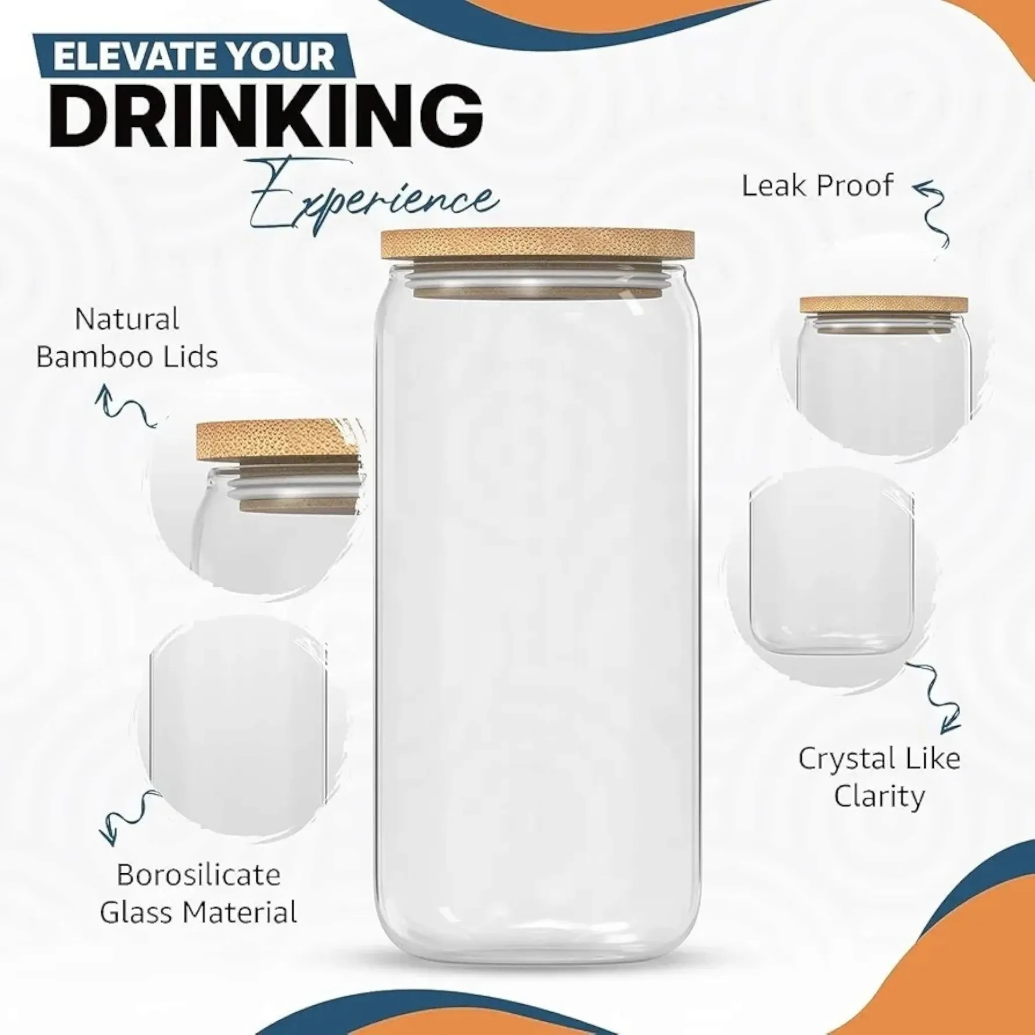 Glass Drinking Can Tumbler 420ml with Bamboo Lid & Curve Glass Straw