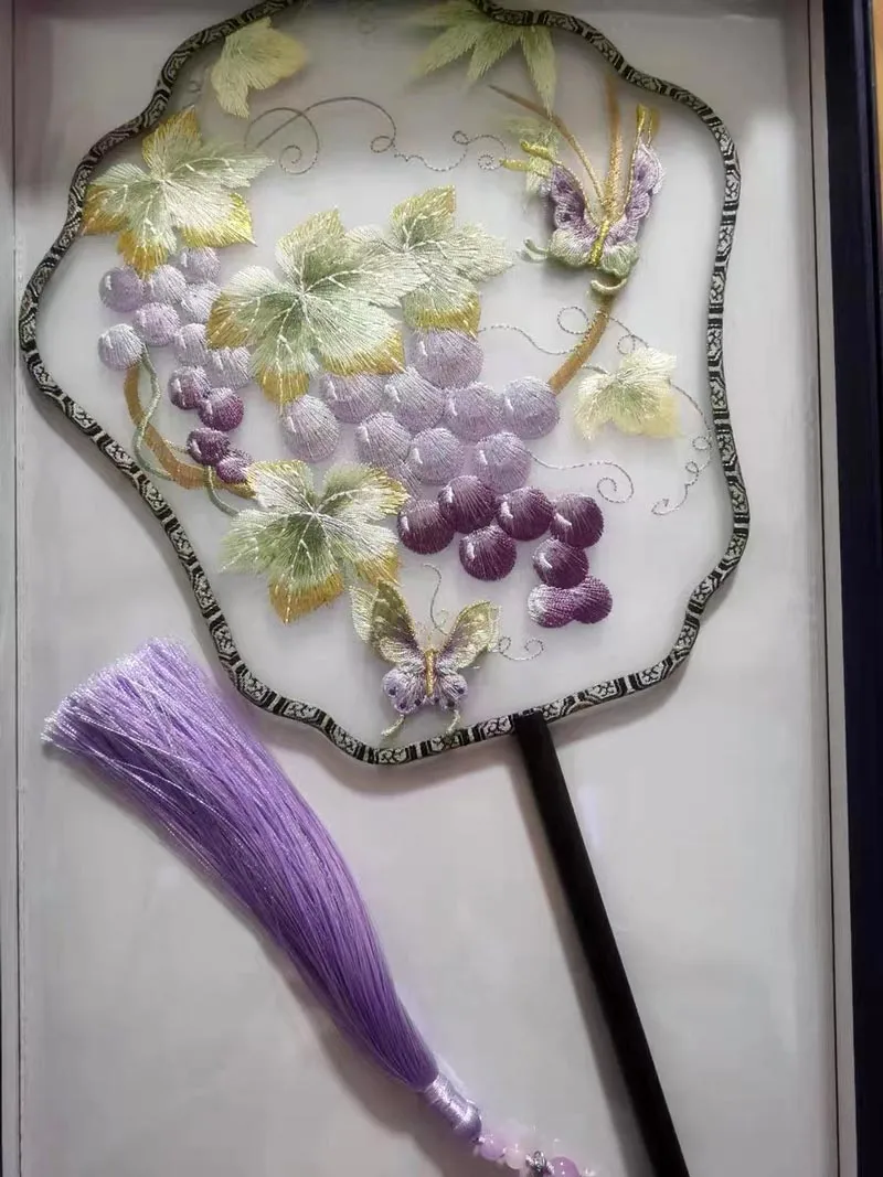 Grapes with Butterflies Flying Under the Vines Single Side Embroidered Handheld Fan Chinese Gift