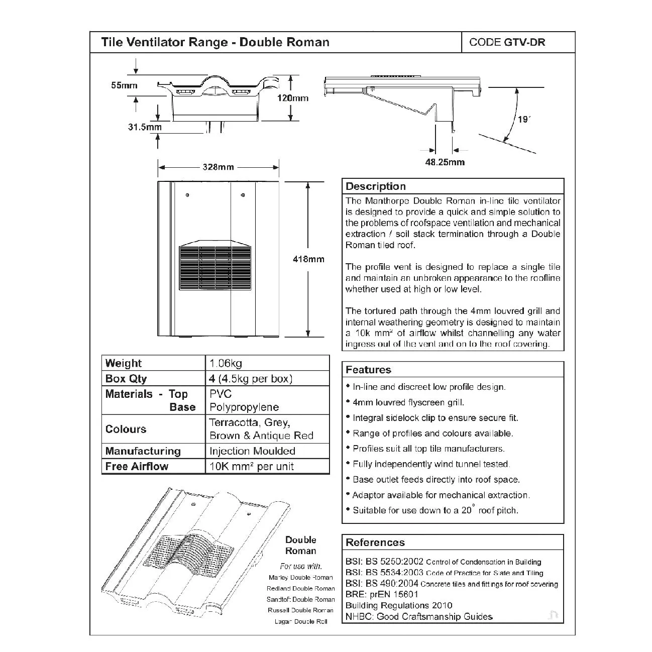 Grey Double Roman Roof Tile Vent & Adapter for Marley Redland Sandtoft