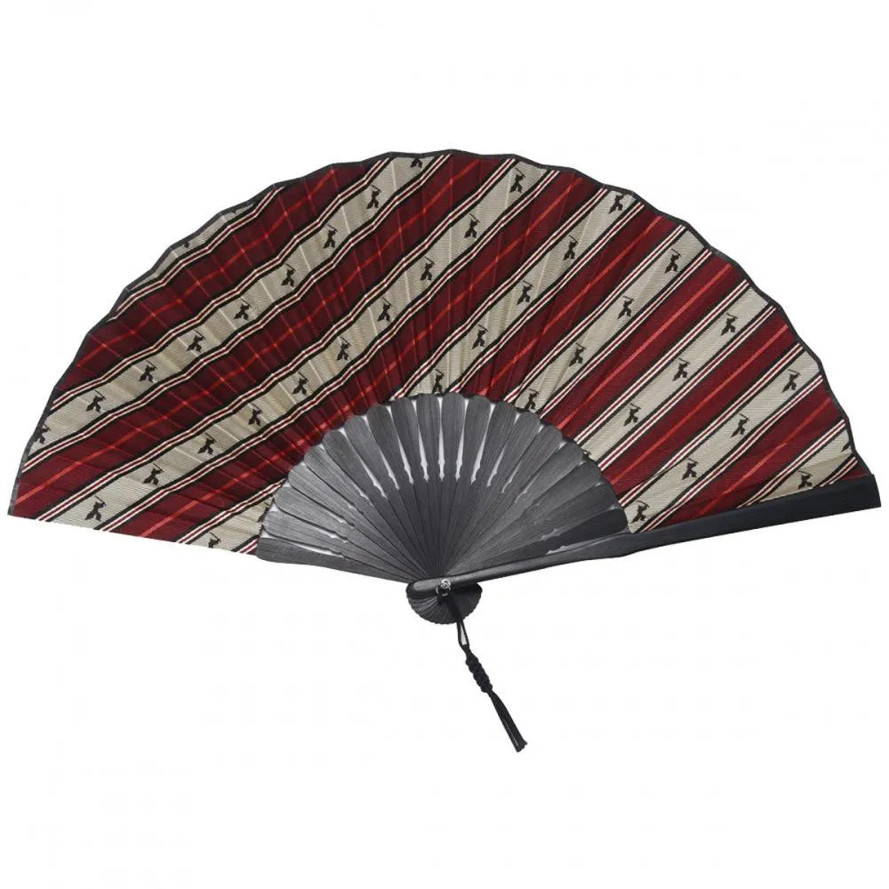 Hand Made Japanese Folding Fan -Striped Pattern Jacquard Woven Kyoto Silk & Bamboo Made in Japan