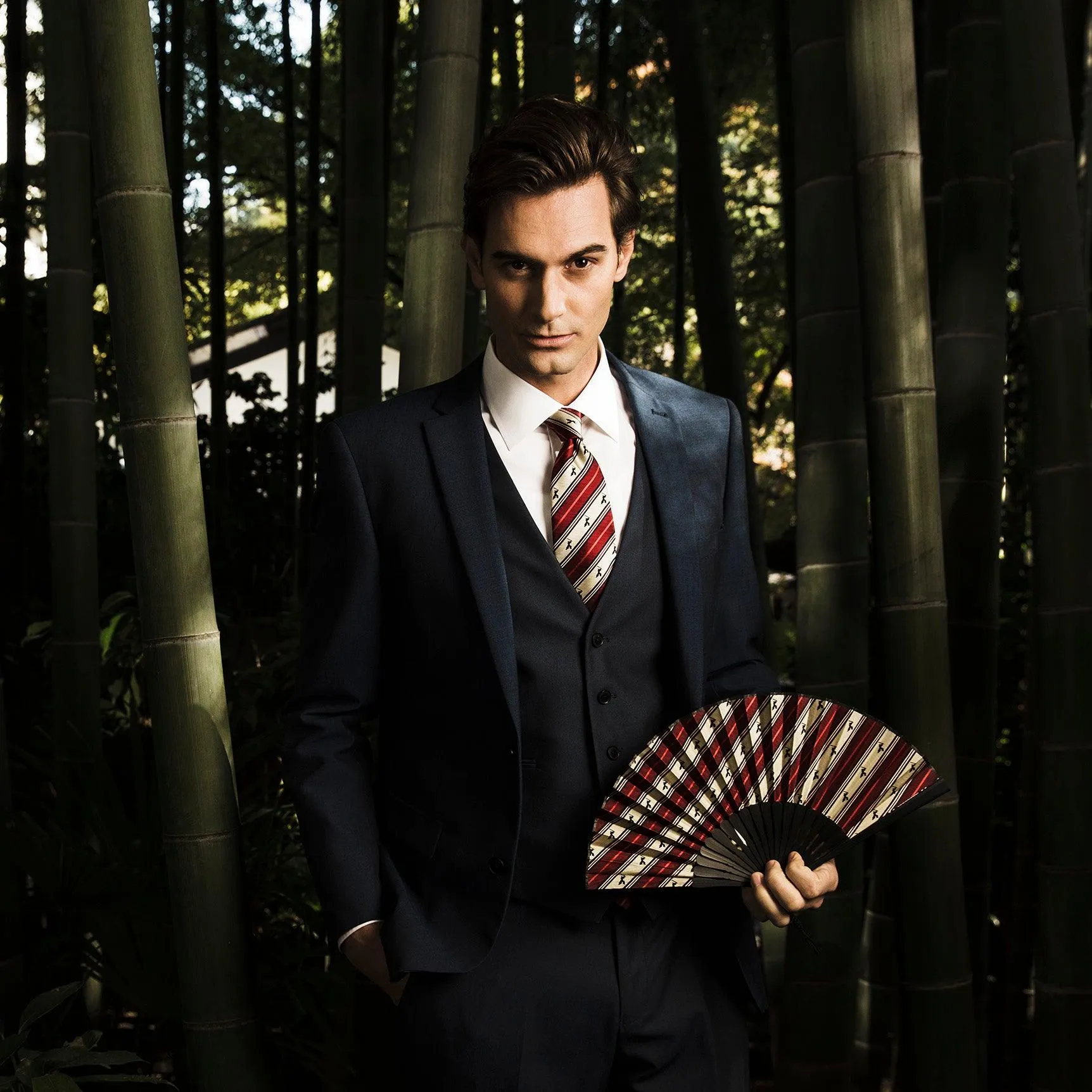 Hand Made Japanese Folding Fan -Striped Pattern Jacquard Woven Kyoto Silk & Bamboo Made in Japan