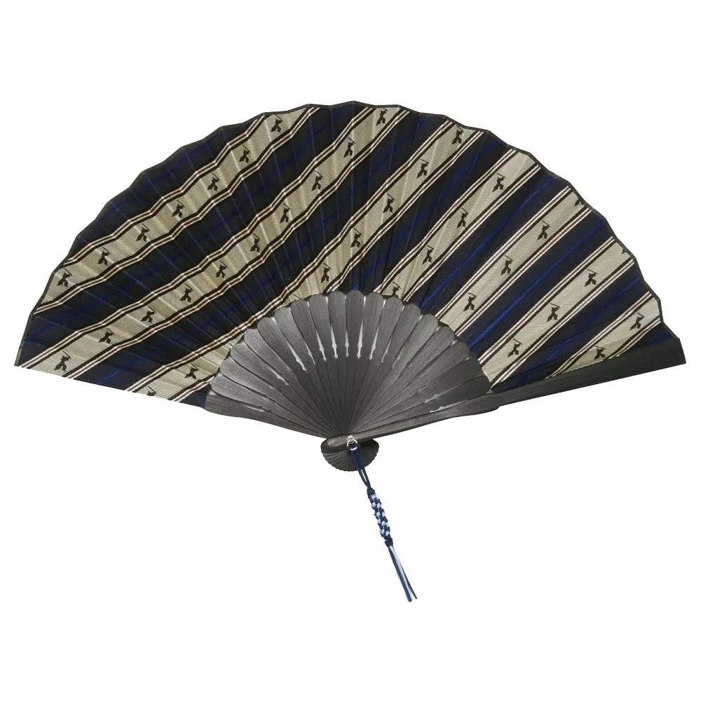 Hand Made Japanese Folding Fan -Striped Pattern Jacquard Woven Kyoto Silk & Bamboo Made in Japan