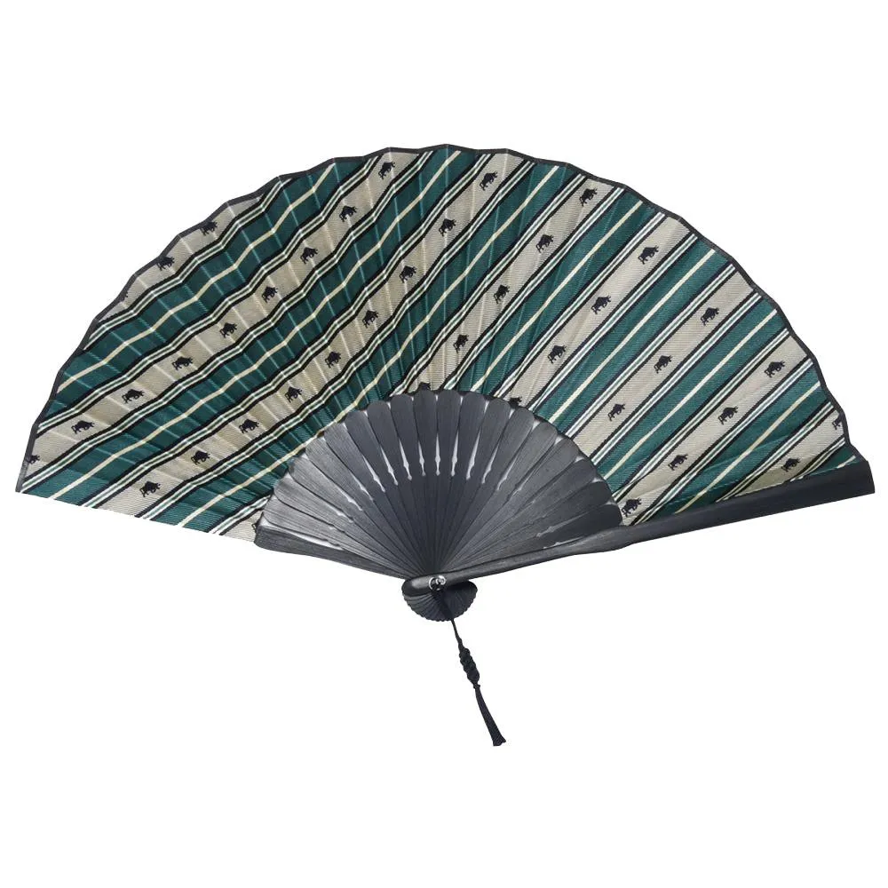 Hand Made Japanese Folding Fan -Striped Pattern Jacquard Woven Kyoto Silk & Bamboo Made in Japan