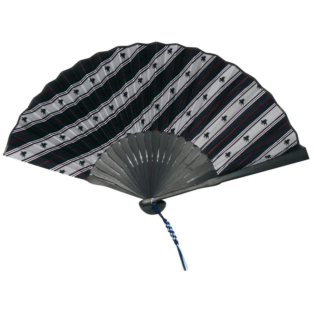 Hand Made Japanese Folding Fan -Striped Pattern Jacquard Woven Kyoto Silk & Bamboo Made in Japan