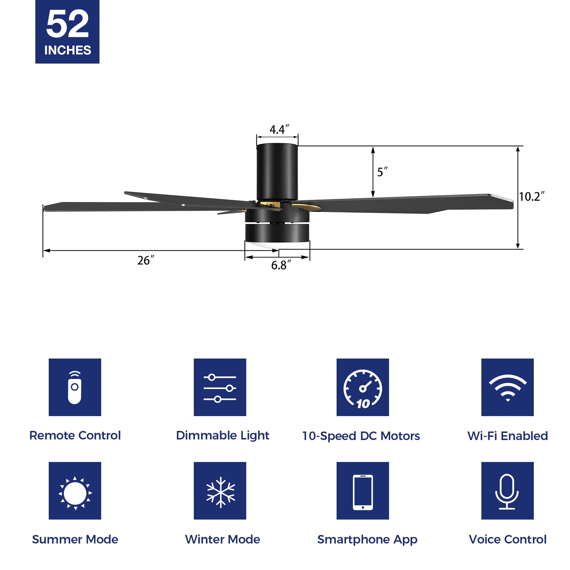 Harlem Low Profile Smart Ceiling Fan with LED Light Outdoor/indoor 52"