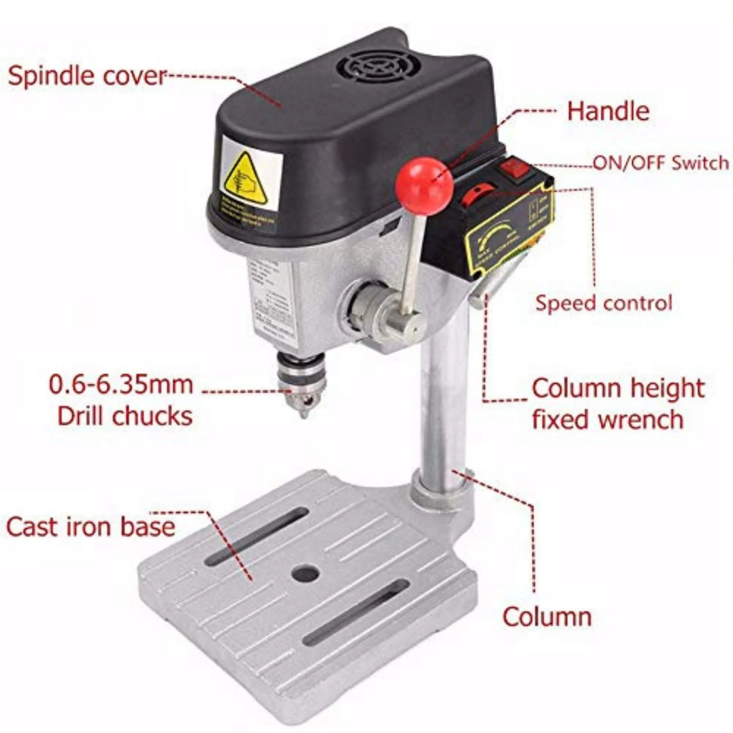 Homdum 340W High speed mini bench Drilling Machine with 3 Speed Variable Drilling - Chuck size 6.5mm - Procut Bench Press drill with CI stand Base.