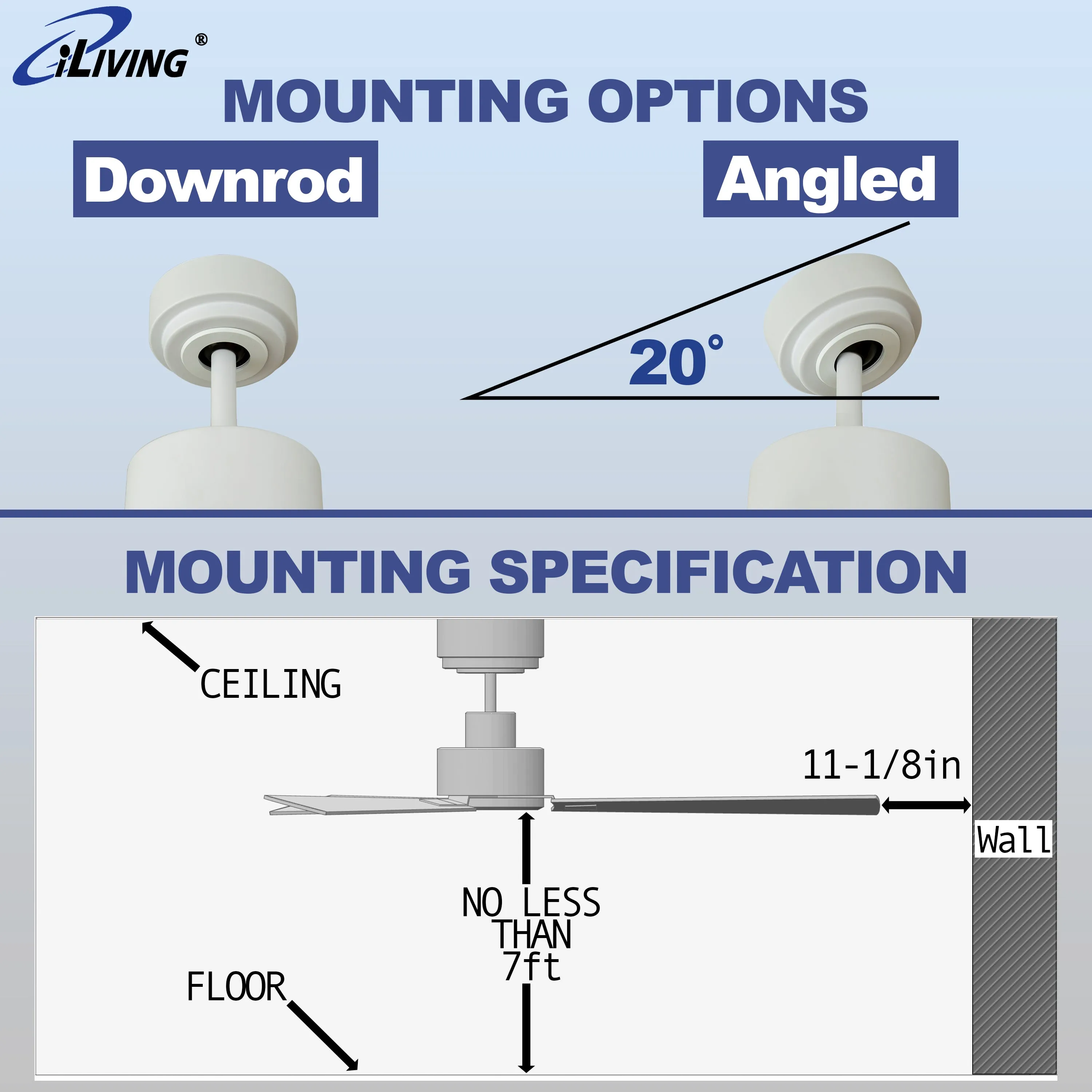 ILG8CF52W - iLIVING 52-Inch Quiet BLDC Indoor Ceiling Fan with Remote Control, 3 Blades 6 Speeds, 5650 CFM, White/Wood Finish